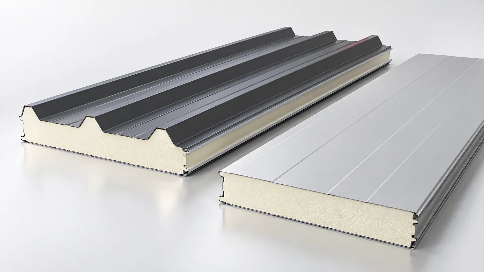 pir-sandwich-panels Illustrative metal-faced roof and wall sandwich panels with a rigid PIR insulation core.